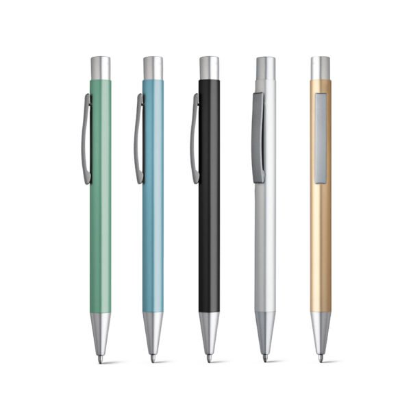 Esferográfica em alumínio com acabamento mate e escrita em preto