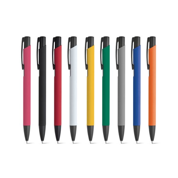 Esferográfica em alumínio com corpo colorido e escrita em preto