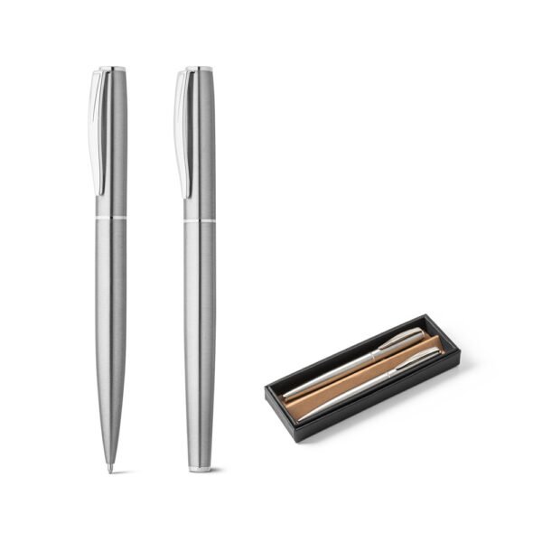 Conjunto de roller e esferográfica com corpo em aço inox 53% reciclado com escrita em preto