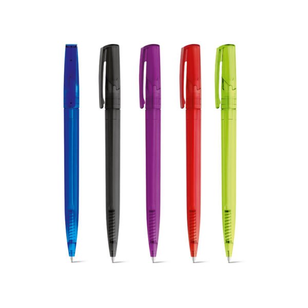 Esferográfica em ABS com acabamento translúcido e escrita em preto