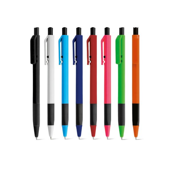 Esferográfica com corpo triangular e escrita em azul