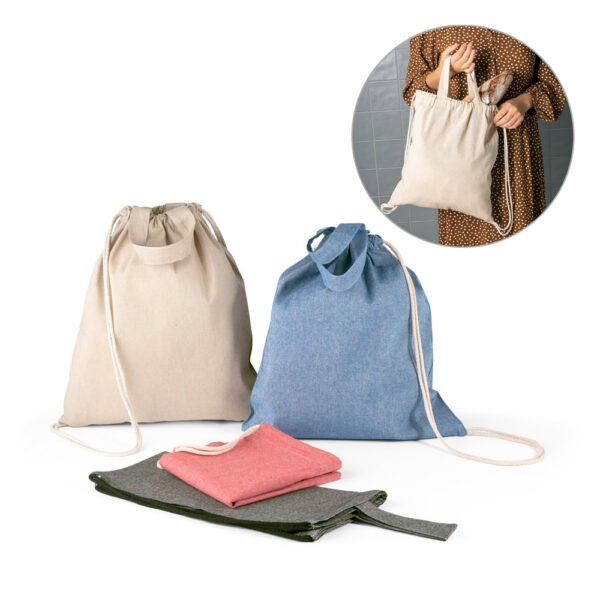 Sacola tipo mochila em 70% algodão reciclado e 30% poliéster reciclado (140g/m²) sem tingimento