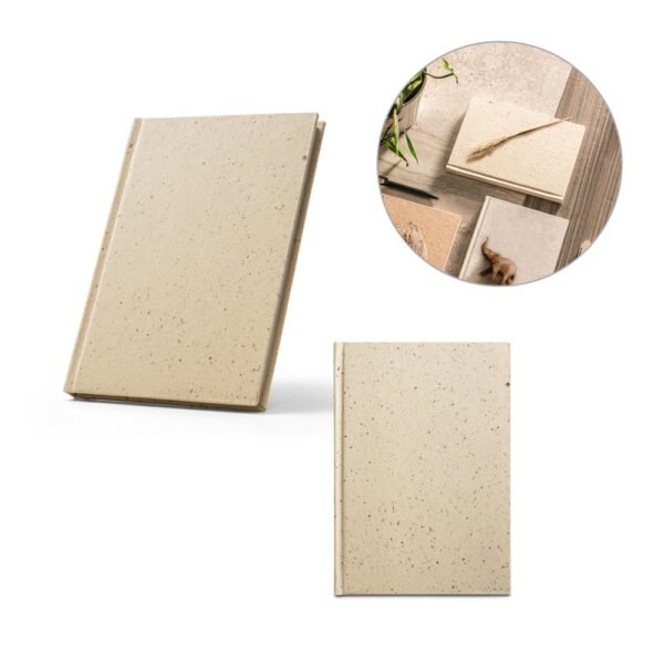 Caderno A5 com resíduos da cevada (25%) e trapos de algodão reciclado (75%) com folhas pautadas, com 160 páginas pautadas recicladas