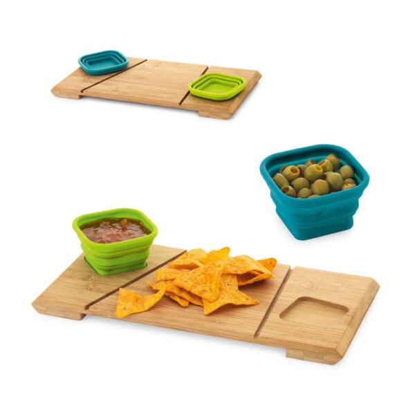 Base de mesa em bambu com 2 potes retráteis em silicone