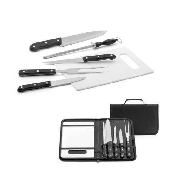 Kit churrasco em estojo de nylon 210D com tábua em PP e 5 utensílios em aço inox e PP