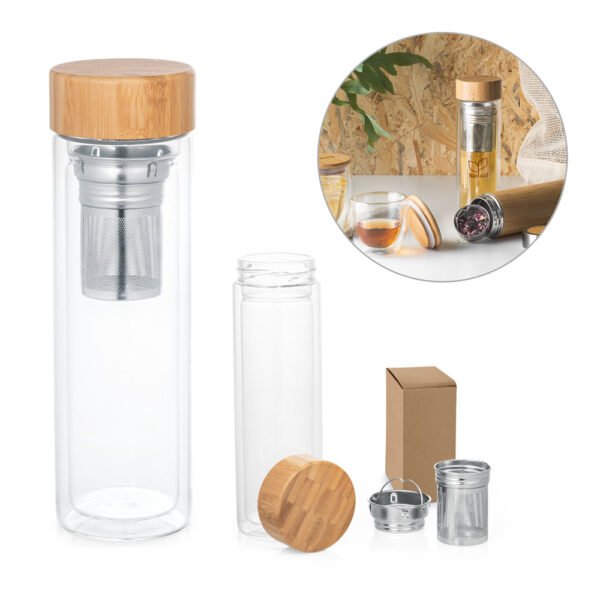 Garrafa em vidro borossilicato de parede dupla térmica, isolada a ar, com tampa em bambu e 2 infusores 490 mL