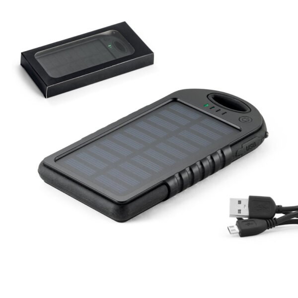 Bateria portátil solar em ABS com painel solar, LED e capacidade de 2'000 mAh